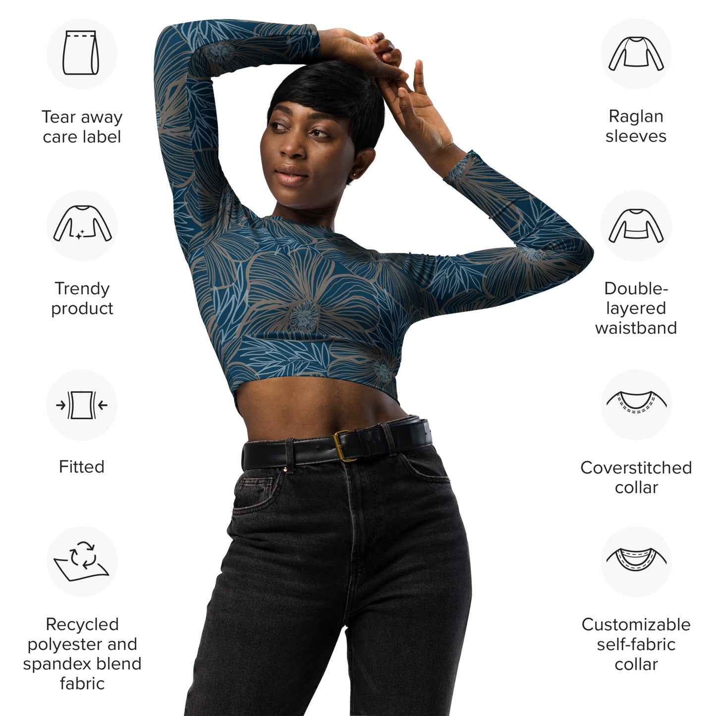 Recycled Long-Sleeve Crop Top - Blue Hibiscus