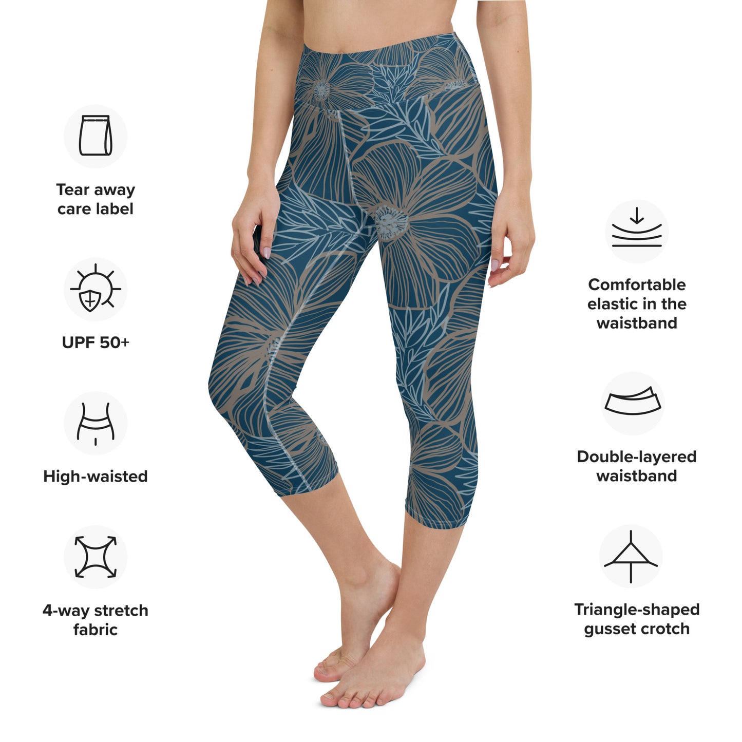 Yoga Capri Leggings - Blue Hibiscus