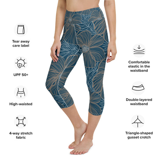 Yoga Capri Leggings - Blue Hibiscus